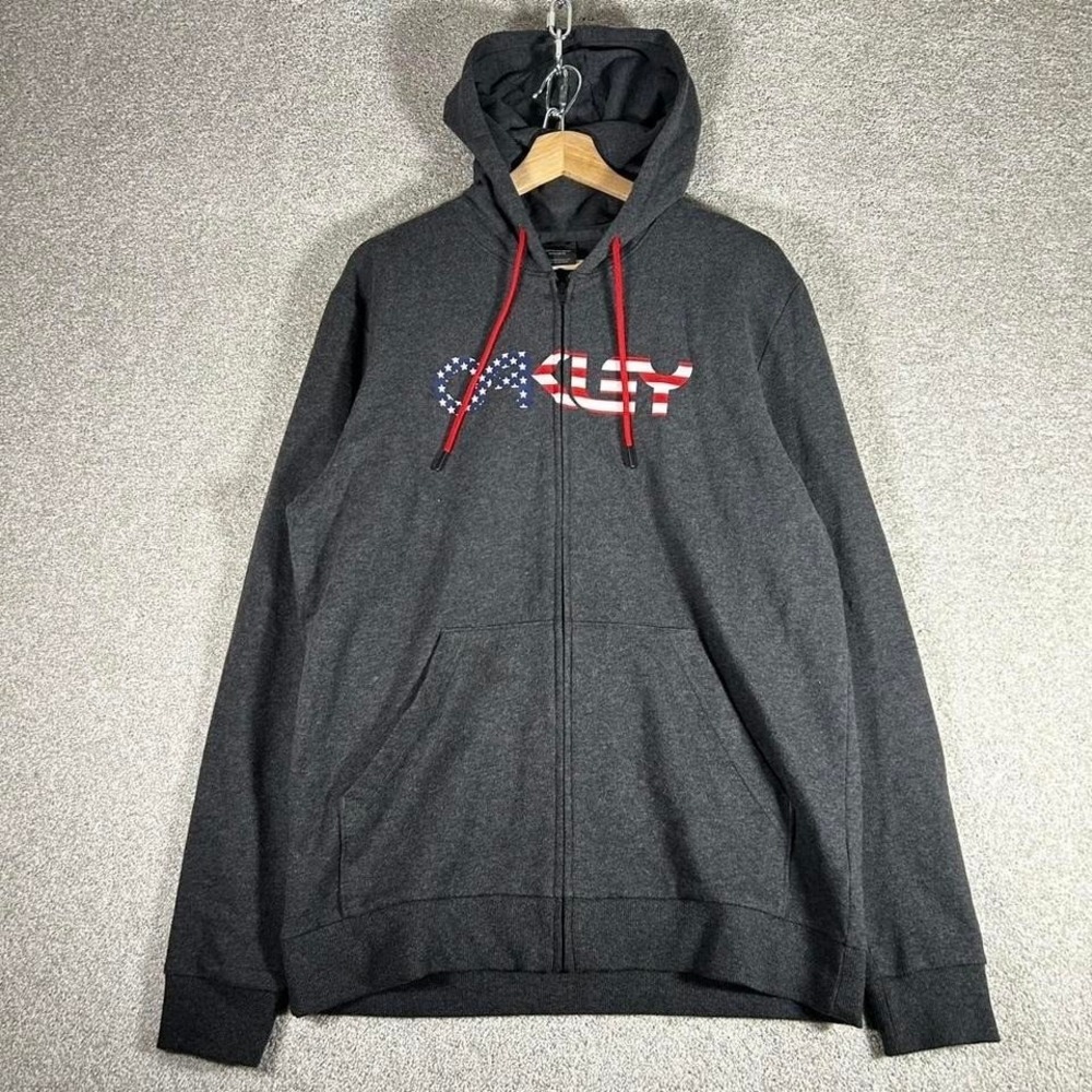 Men's Oakley USA flag spell out grey zip up hoodie Size M